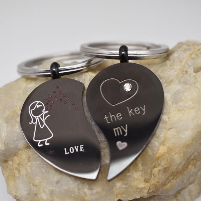 Black Stainless Steel Stick Girl Couples Heart The Key to My Heart Keychains
